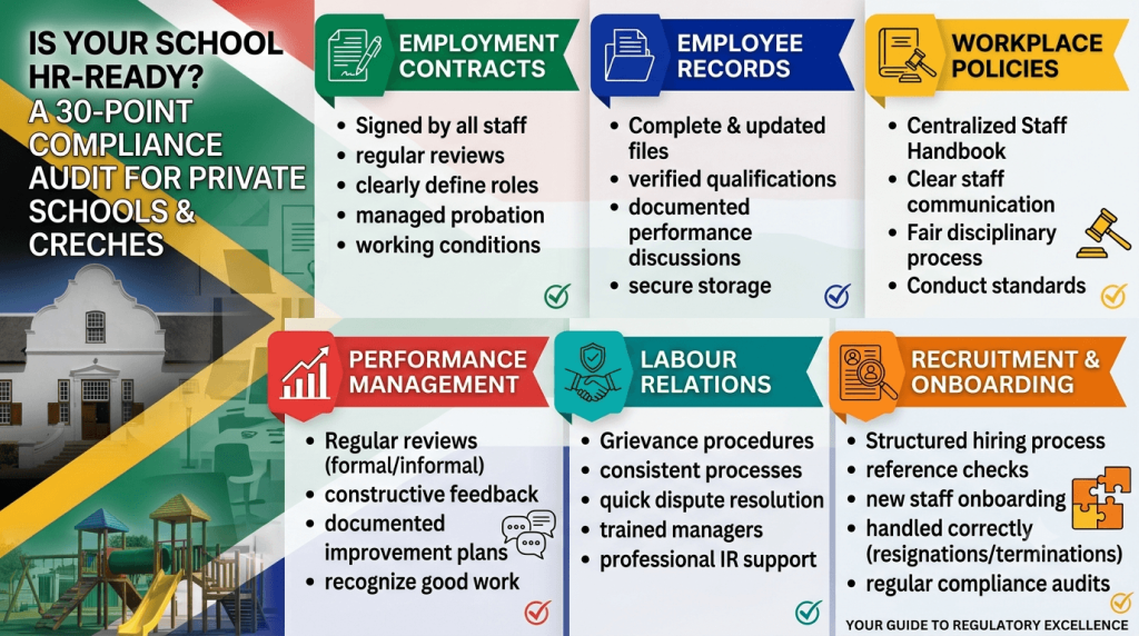 Infographic detailing the 30-point HR compliance audit for private schools and creches in South Africa, outlining 6 key areas: Employment Contracts, Employee Records, Workplace Policies, Performance Management, Labour Relations, and Recruitment."
