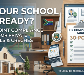 A professional blog banner with a clipboard showing a 30-point school HR compliance audit checklist, a laptop, and a tablet on a desk, alongside a South African private school building and the text 'Is Your School HR-Ready?'