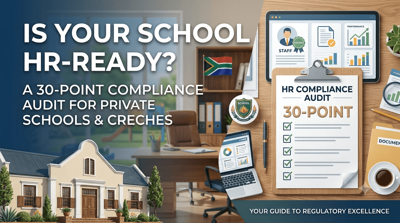 A professional blog banner with a clipboard showing a 30-point school HR compliance audit checklist, a laptop, and a tablet on a desk, alongside a South African private school building and the text 'Is Your School HR-Ready?'