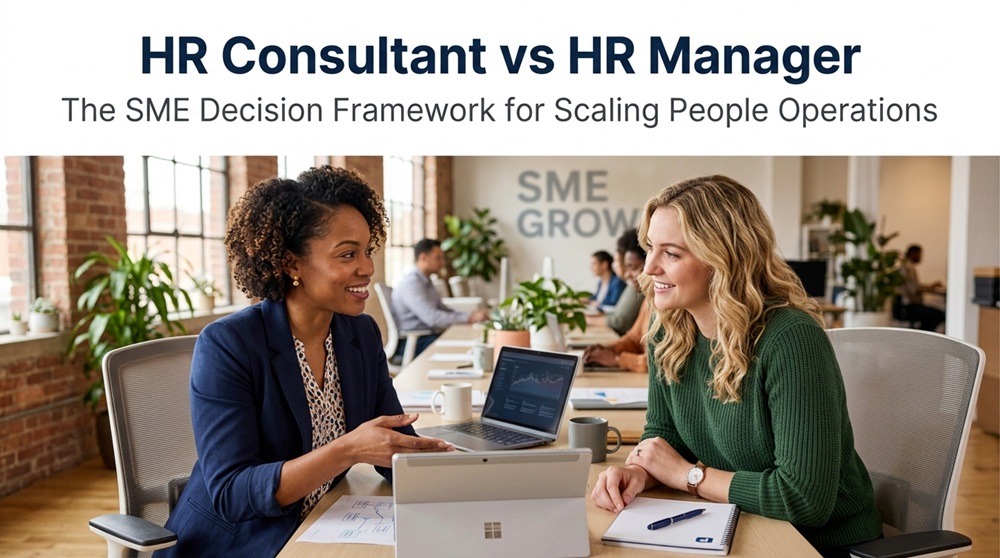 An external HR consultant discussing a strategic people operations framework with a business leader at a desk in a modern office.