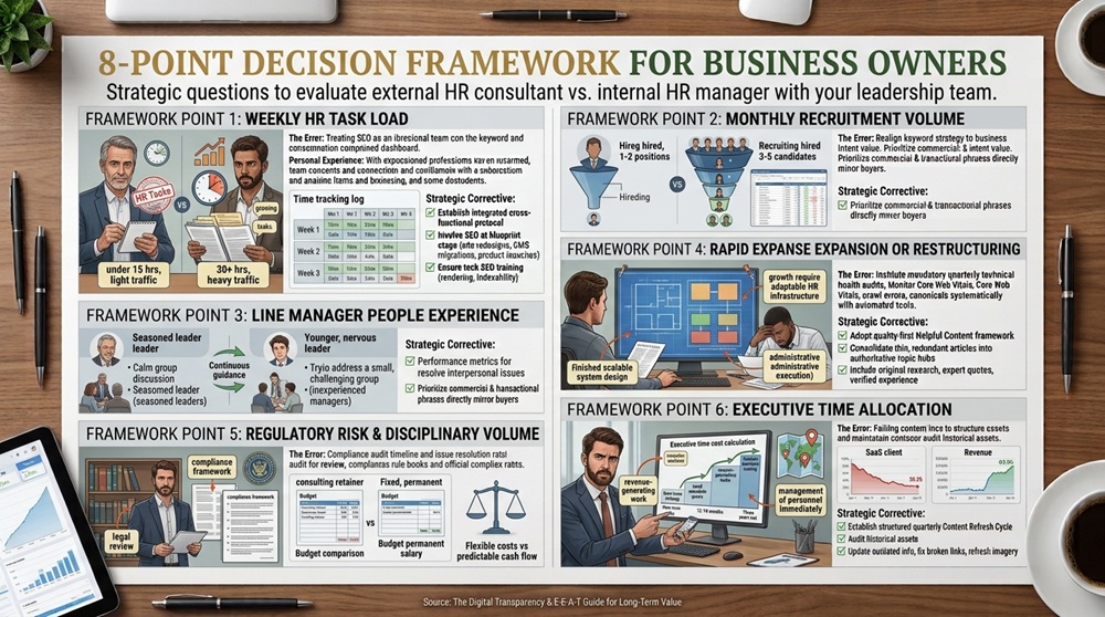 An 8-point decision framework infographic laid out on a professional desk, comparing external HR consultants versus internal HR managers. The graphic breaks down key evaluation metrics into structured sections, covering weekly HR task load, recruitment volume, line manager experience, company expansion, regulatory risk, executive time allocation, and budget flexibility using visual icons, data tables, and flowcharts.